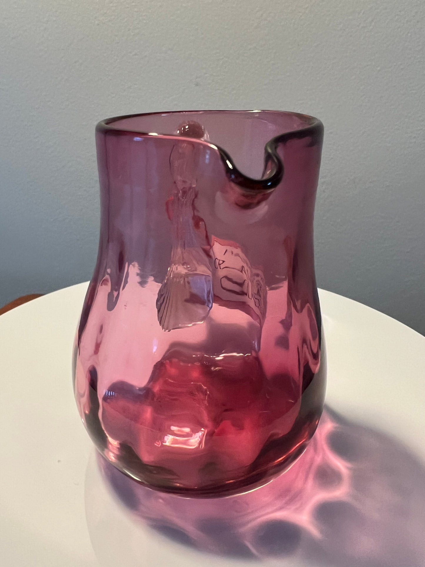 Vintage Pilgrim Cranberry Pitcher with Clear handle Hand Blown with Gold Pink Art Glass Great Gift Collectors Piece