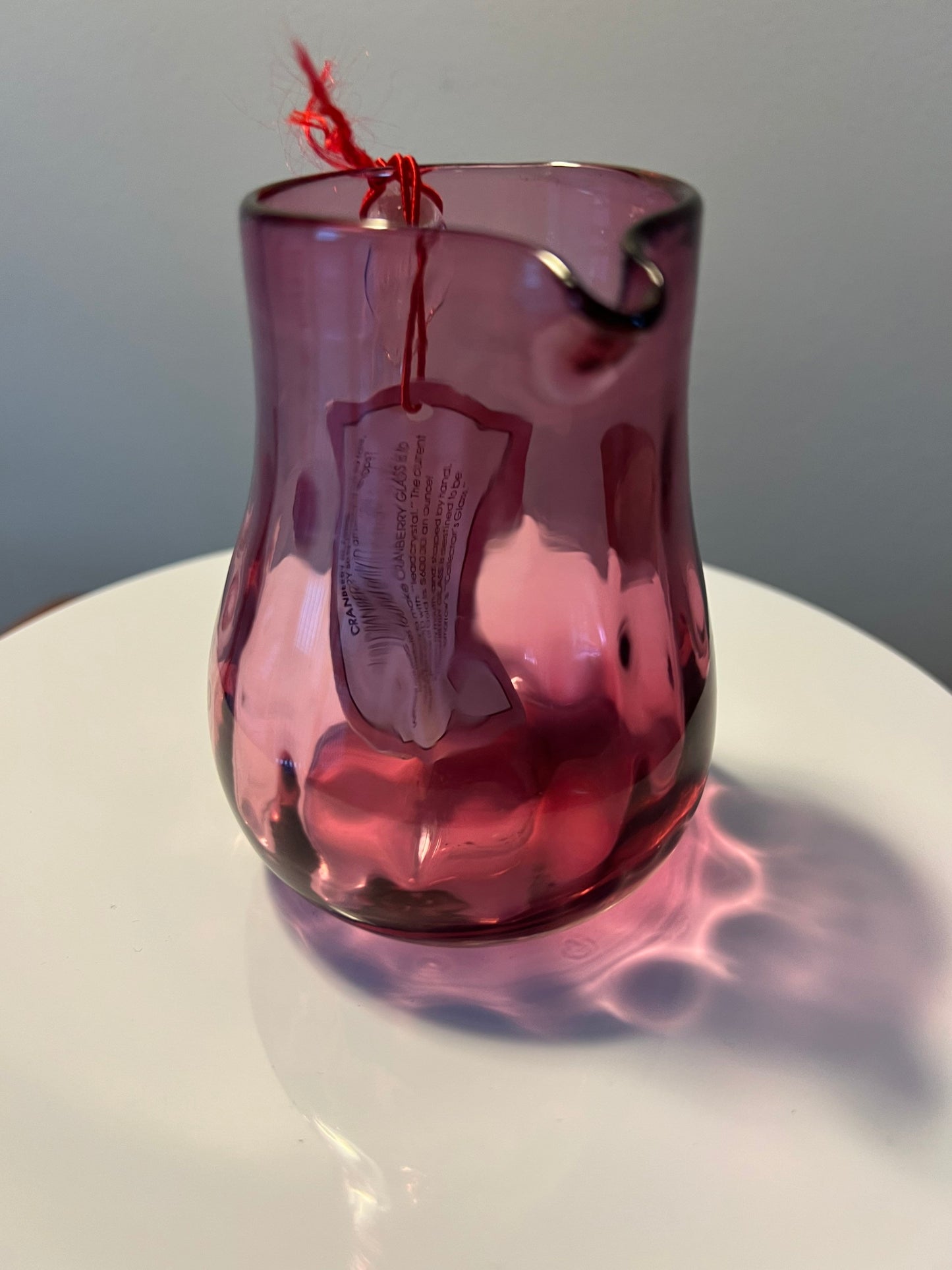 Vintage Pilgrim Cranberry Pitcher with Clear handle Hand Blown with Gold Pink Art Glass Great Gift Collectors Piece
