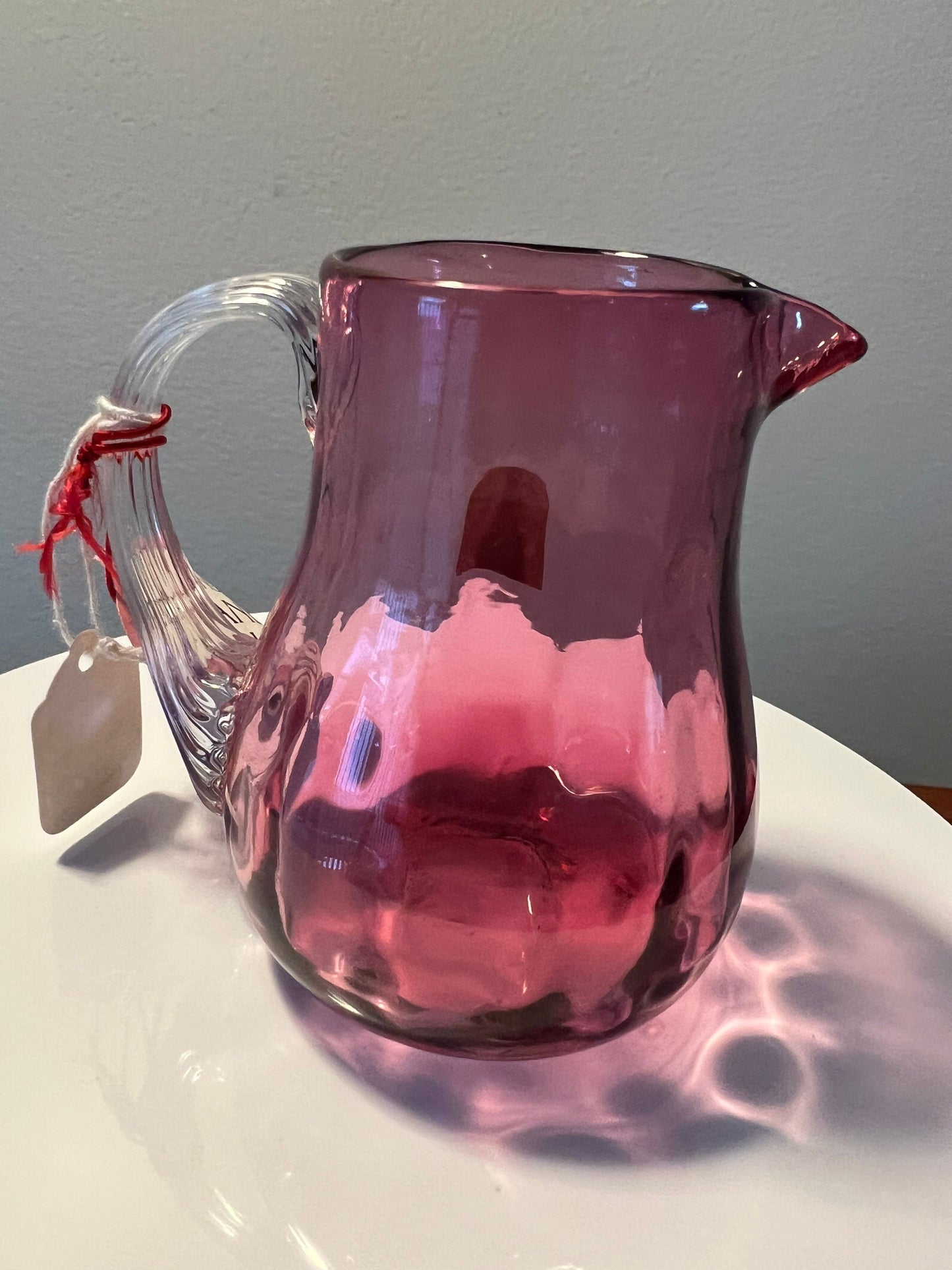 Vintage Pilgrim Cranberry Pitcher with Clear handle Hand Blown with Gold Pink Art Glass Great Gift Collectors Piece