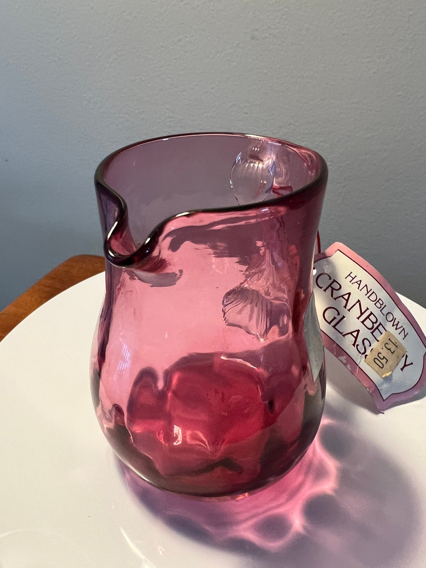 Vintage Pilgrim Cranberry Pitcher with Clear handle Hand Blown with Gold Pink Art Glass Great Gift Collectors Piece