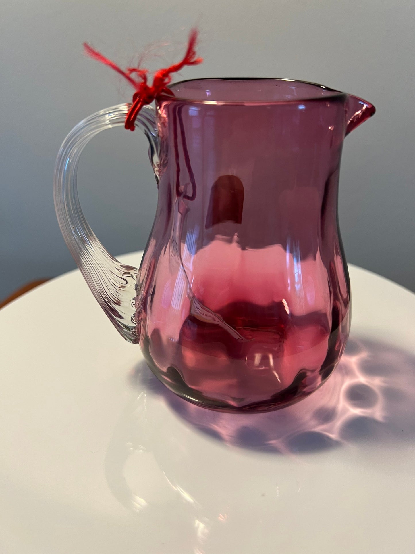 Vintage Pilgrim Cranberry Pitcher with Clear handle Hand Blown with Gold Pink Art Glass Great Gift Collectors Piece