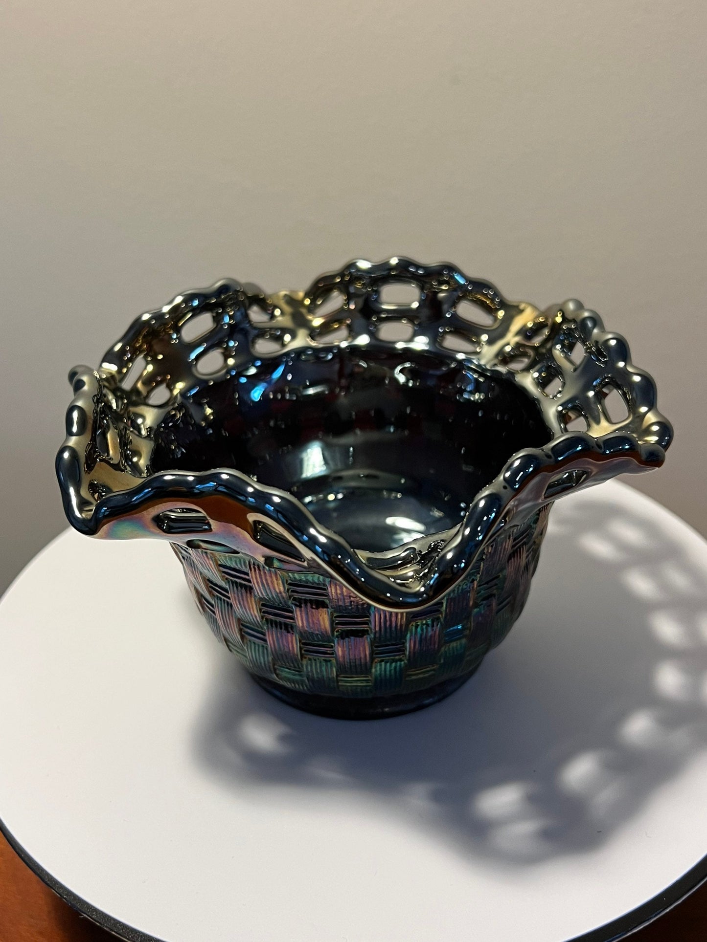 Vintage Fenton Iridescent Carnival Glass Wicker Woven Basket Bowl