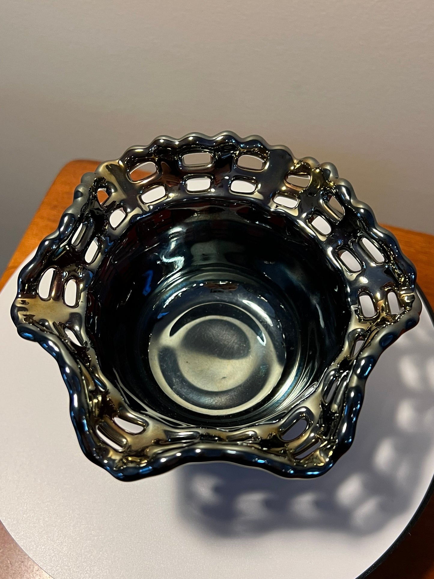 Vintage Fenton Iridescent Carnival Glass Wicker Woven Basket Bowl