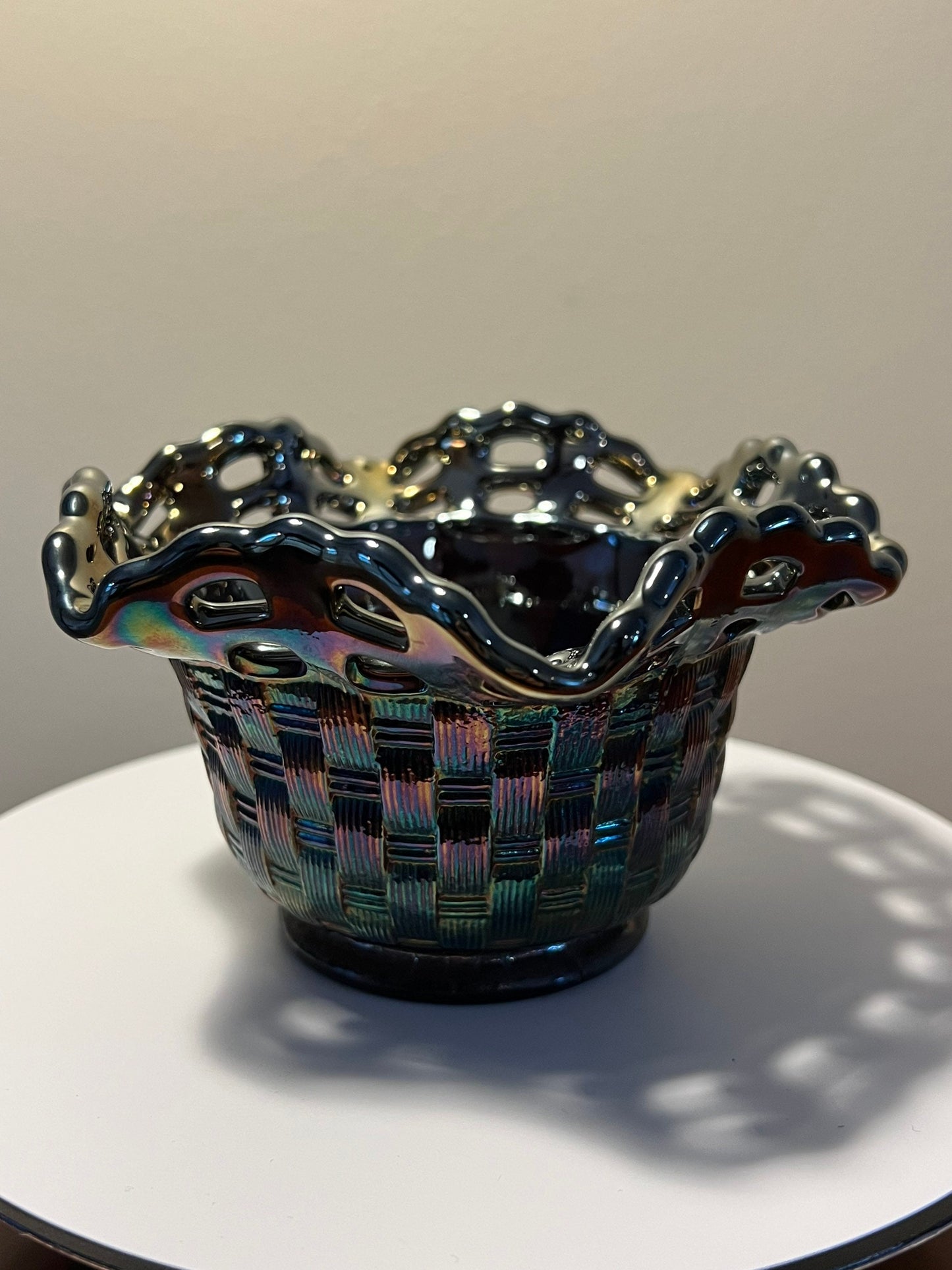 Vintage Fenton Iridescent Carnival Glass Wicker Woven Basket Bowl