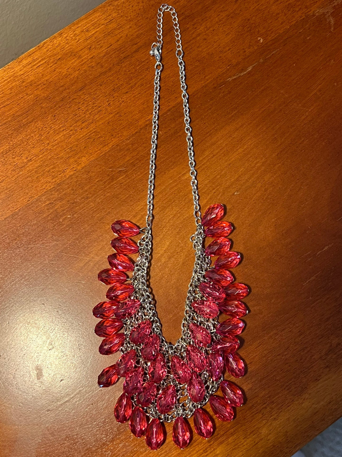 Vintage Bib Style Necklace With Pink Quart Dangling Shag Cha Cha Silver Chain Accents Jewelry Pretty Things Lover Antiques and Vintage