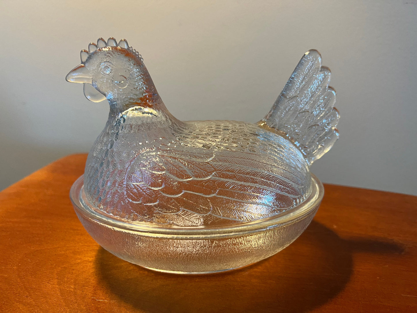 Vintage Glass Rooster On Nest Covered Dish Nesting Chicken Clear with lid art glass