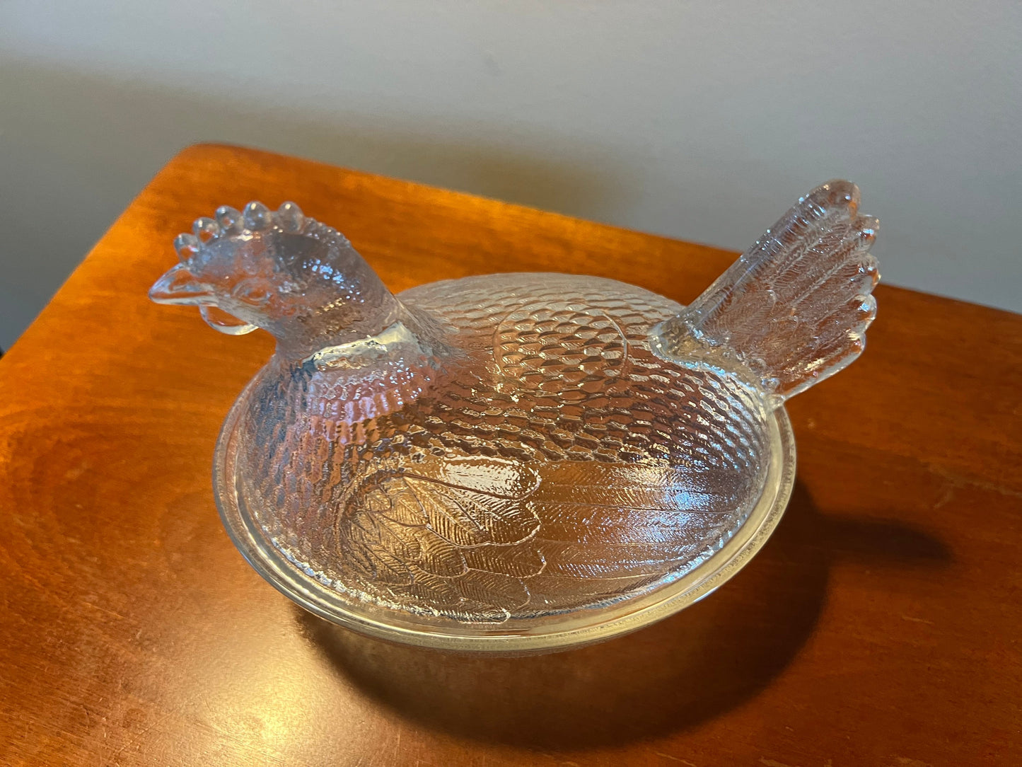 Vintage Glass Rooster On Nest Covered Dish Nesting Chicken Clear with lid art glass