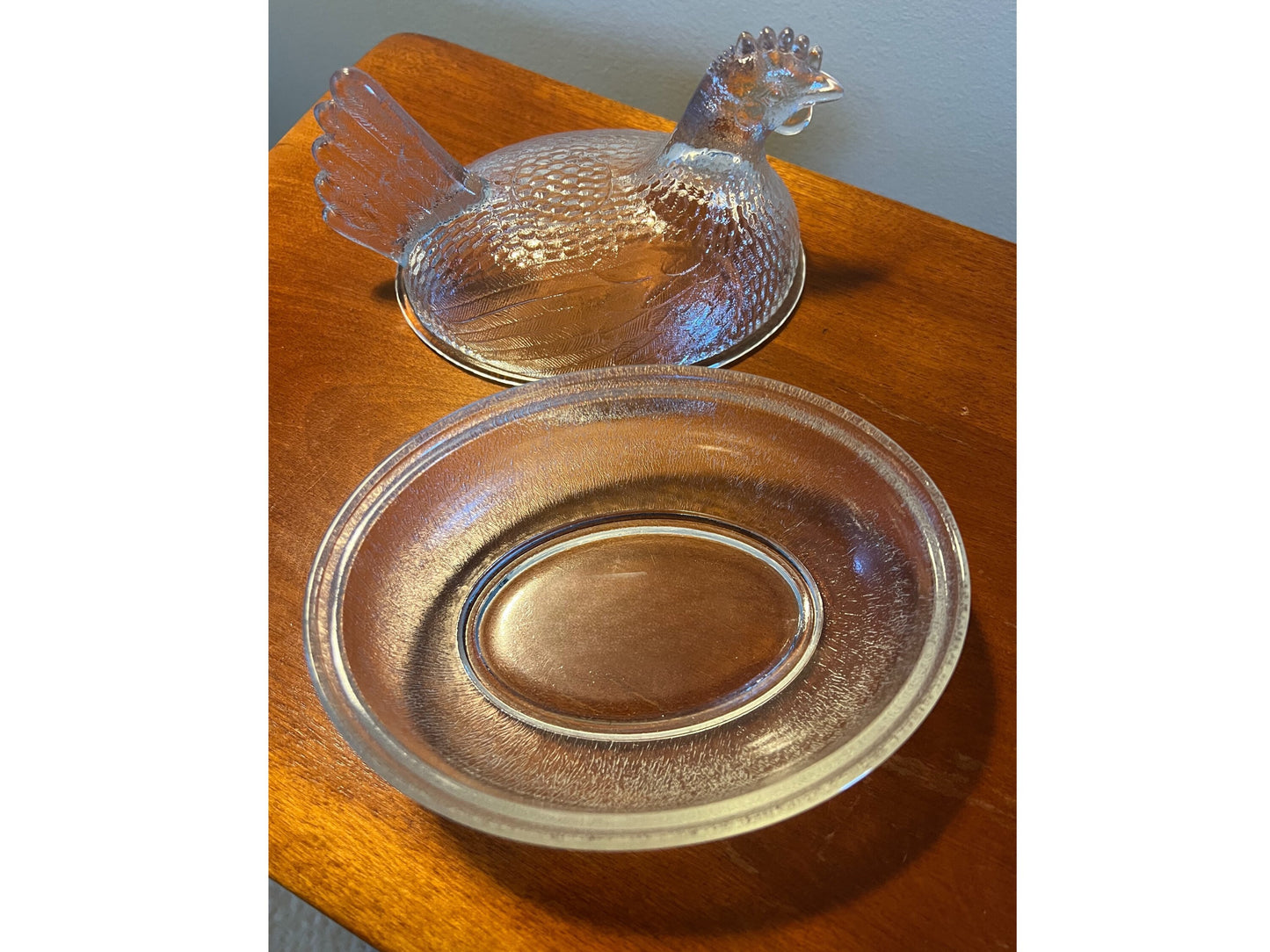 Vintage Glass Rooster On Nest Covered Dish Nesting Chicken Clear with lid art glass