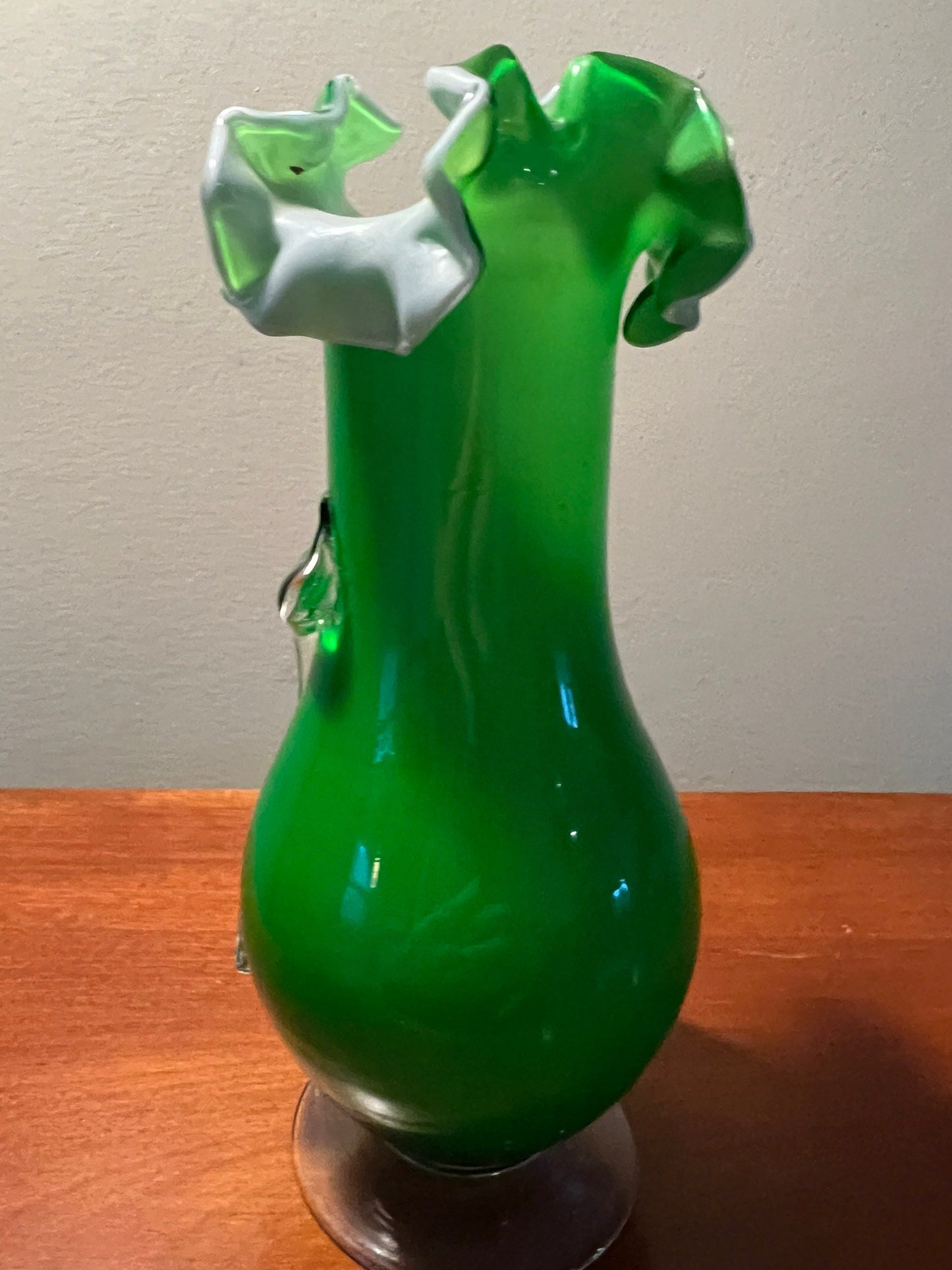 Vintage Green Flowers Blossom Murano Style Art Glass Vase Flower Bloom