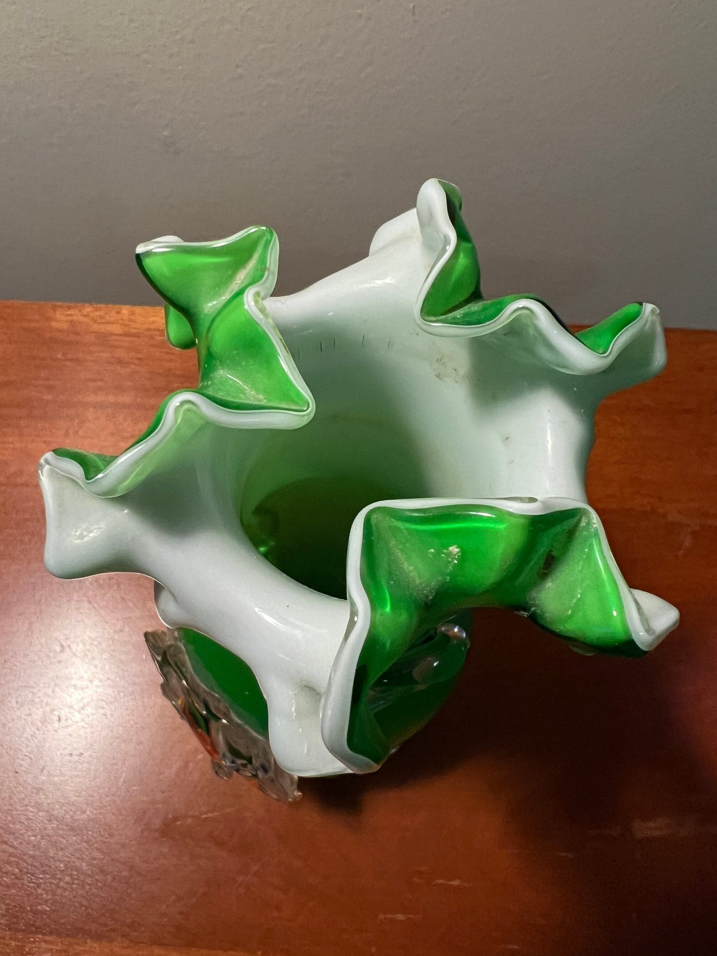 Vintage Green Flowers Blossom Murano Style Art Glass Vase Flower Bloom