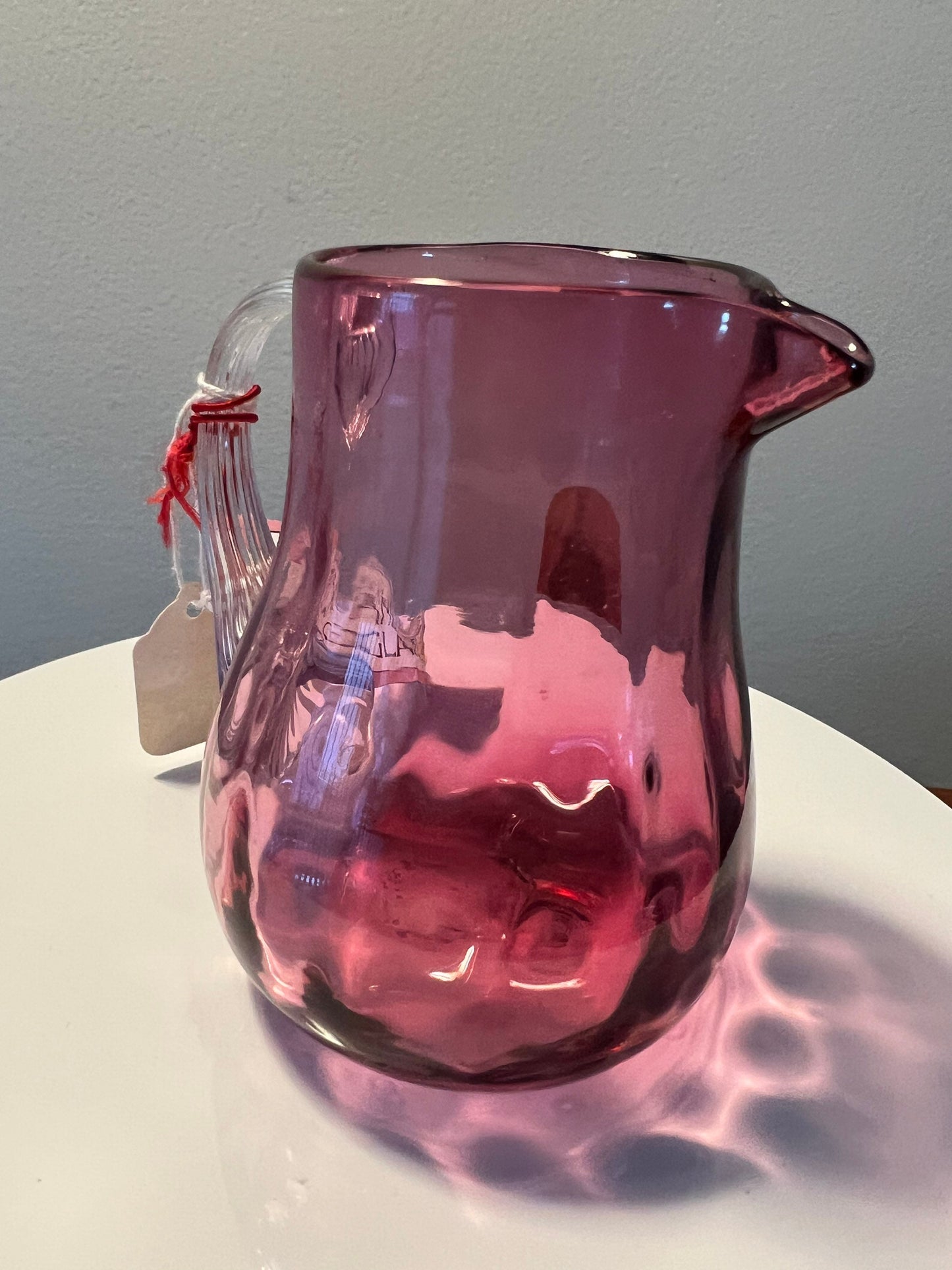 Vintage Pilgrim Cranberry Pitcher with Clear handle Hand Blown with Gold Pink Art Glass Great Gift Collectors Piece