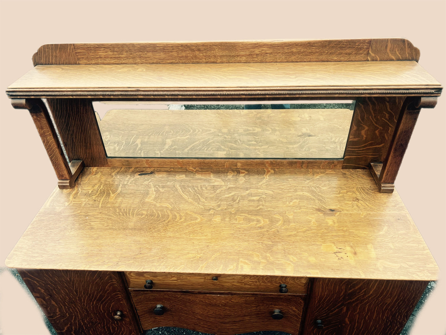 Antique Tiger Oak Buffet Cabinet Server with Mirror Stunning Show Piece!