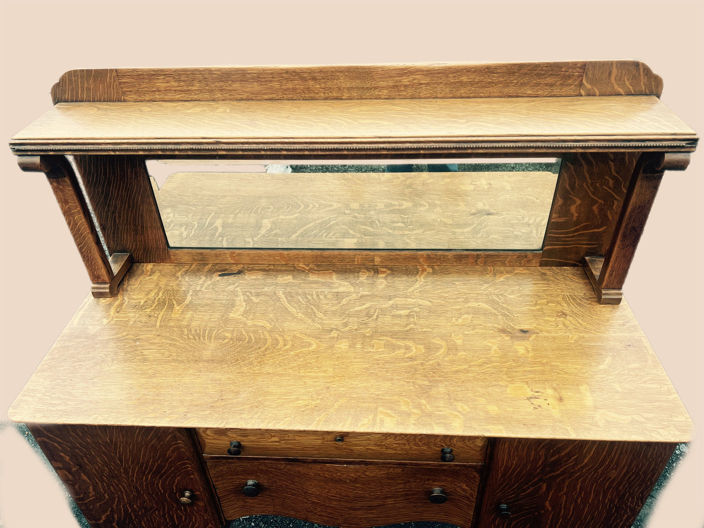 Antique Tiger Oak Buffet Cabinet Server with Mirror Stunning Show Piece!