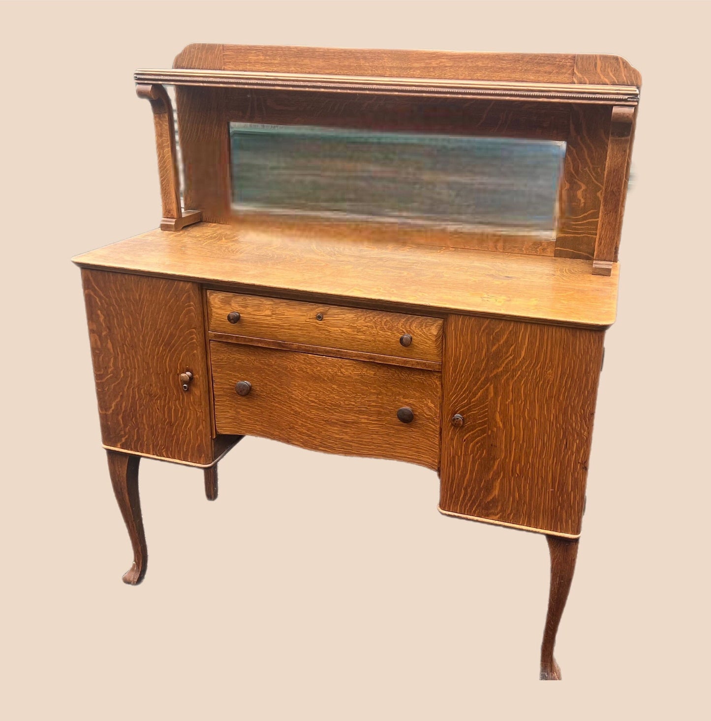 Antique Tiger Oak Buffet Cabinet Server with Mirror Stunning Show Piece!