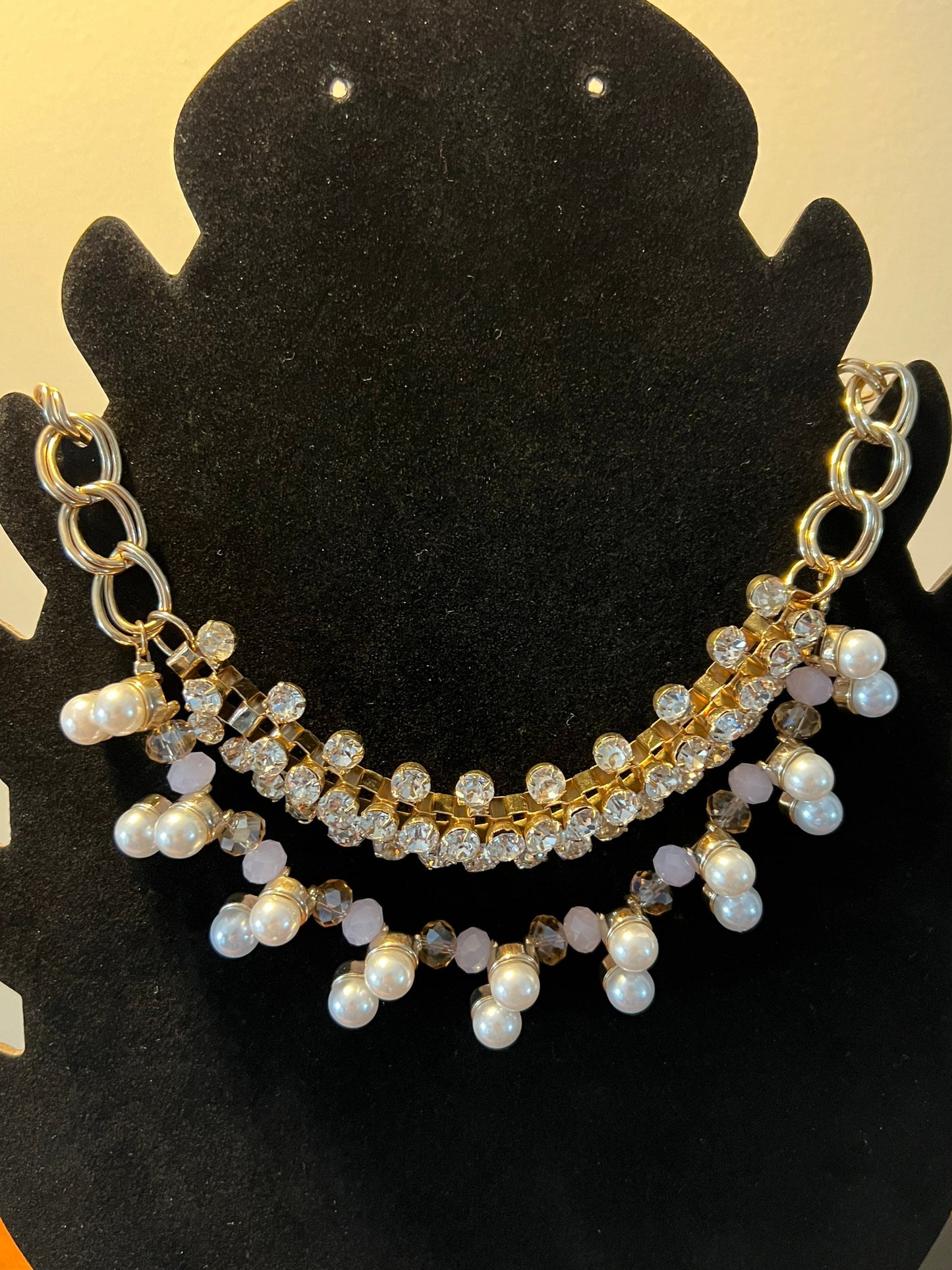Vintage Bib Style Faux Diamonds and Pearls Necklace With Gold Accents Jewelry Pretty Things Lover Antiques