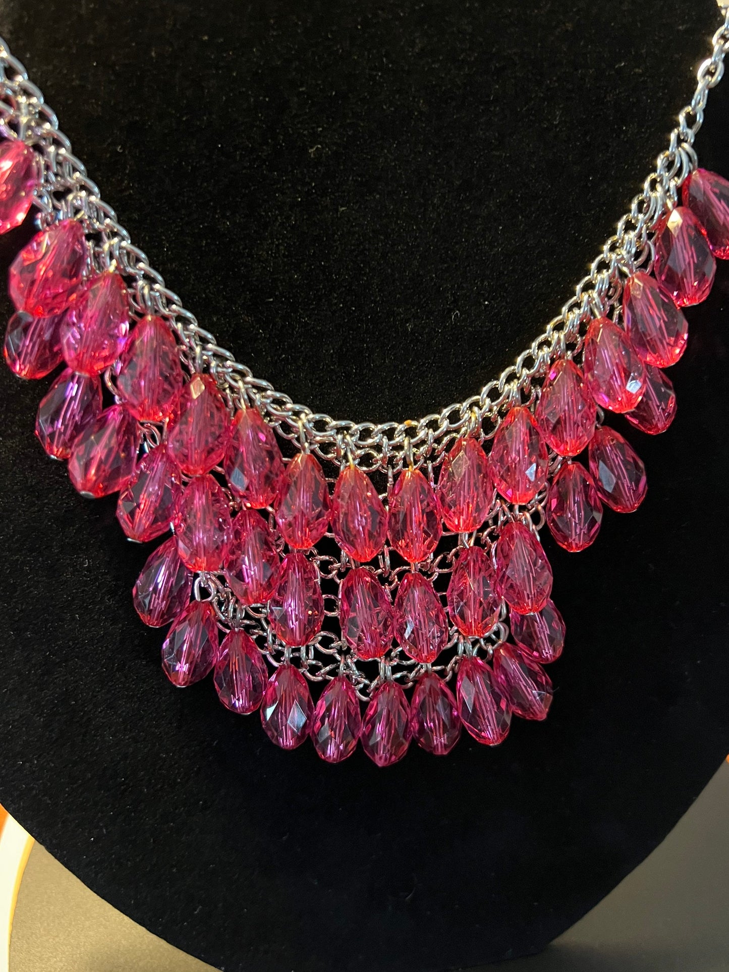 Vintage Bib Style Necklace With Pink Quart Dangling Shag Cha Cha Silver Chain Accents Jewelry Pretty Things Lover Antiques and Vintage