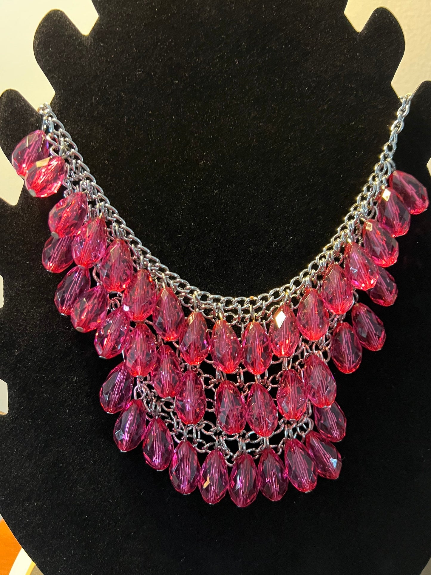 Vintage Bib Style Necklace With Pink Quart Dangling Shag Cha Cha Silver Chain Accents Jewelry Pretty Things Lover Antiques and Vintage