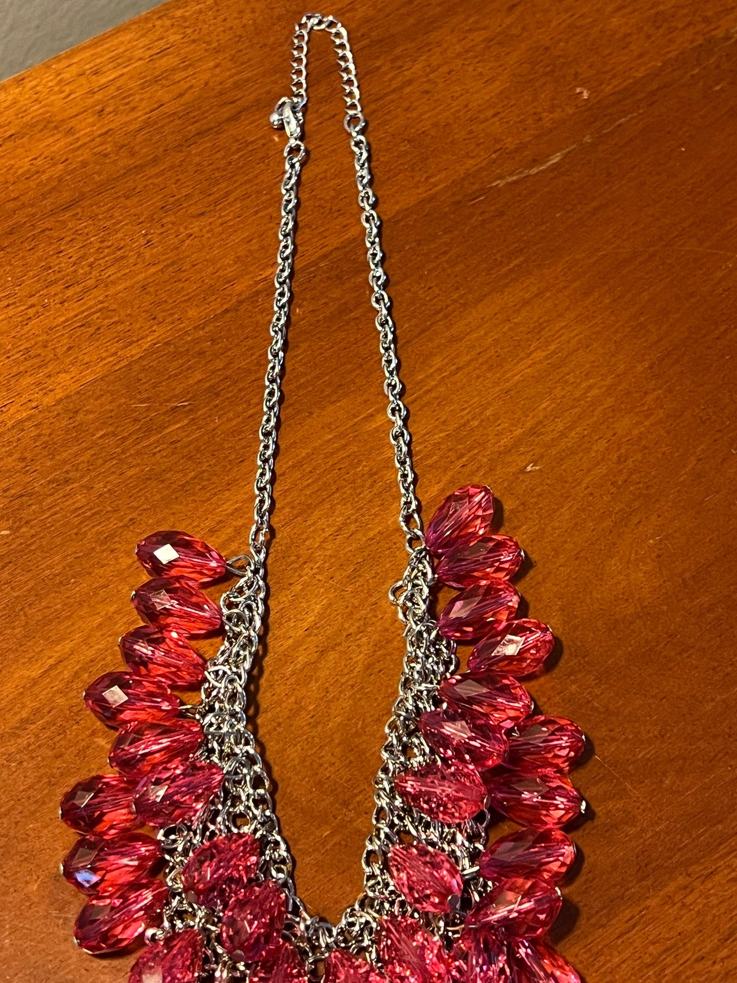 Vintage Bib Style Necklace With Pink Quart Dangling Shag Cha Cha Silver Chain Accents Jewelry Pretty Things Lover Antiques and Vintage