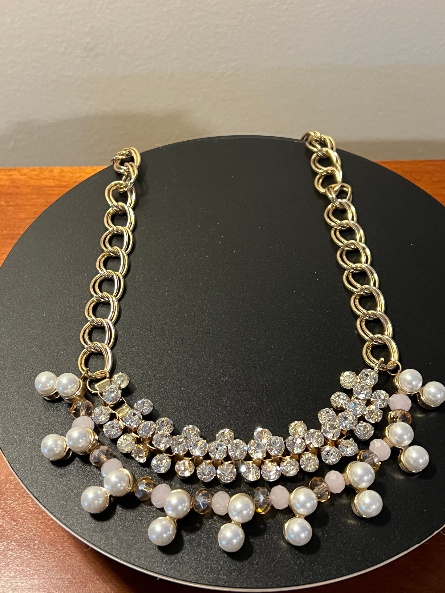 Vintage Bib Style Faux Diamonds and Pearls Necklace With Gold Accents Jewelry Pretty Things Lover Antiques