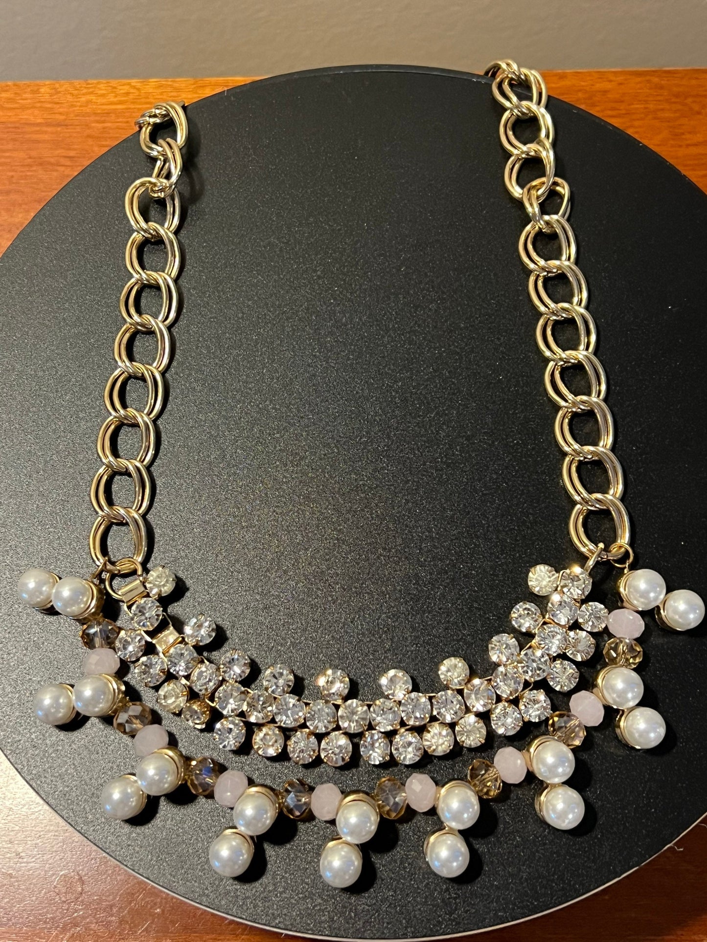 Vintage Bib Style Faux Diamonds and Pearls Necklace With Gold Accents Jewelry Pretty Things Lover Antiques