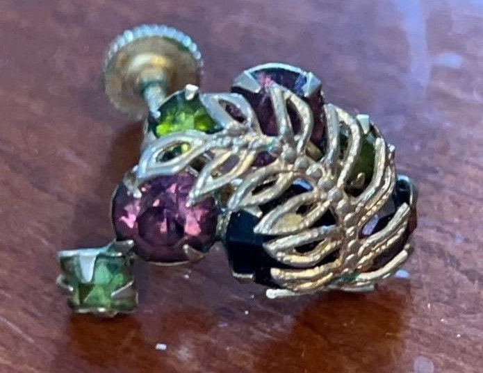 Vintage Silver Leaf with Stones Screw Back Earrings Purple Green Silver Stones