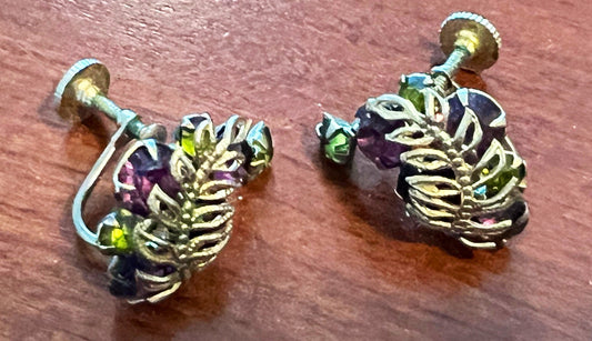 Vintage Silver Leaf with Stones Screw Back Earrings Purple Green Silver Stones