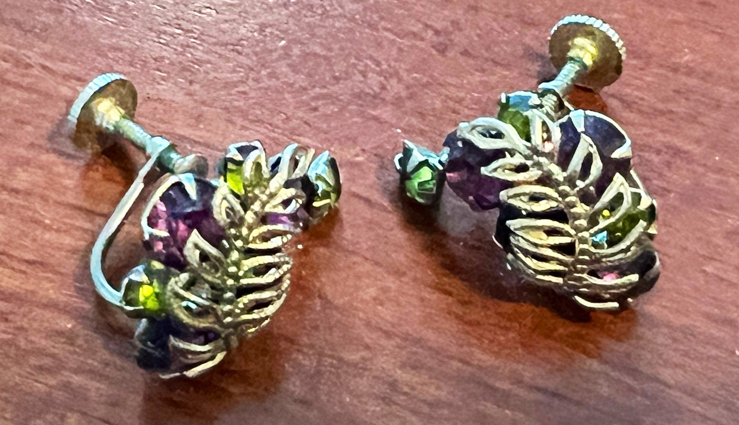 Vintage Silver Leaf with Stones Screw Back Earrings Purple Green Silver Stones