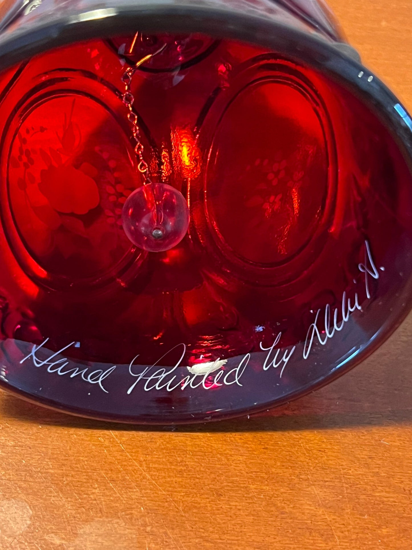Vintage Fenton Red Amberina Bell Hand Painted and Signed by Dilu A. Art Glass Bells