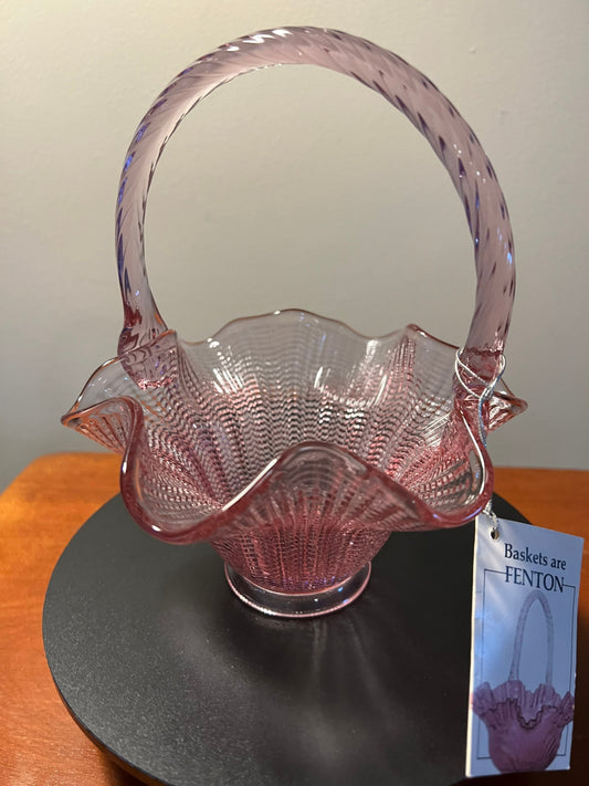 Vintage Fenton Cranberry Ruffled Basket with Handle with tags Pink Glass Vase Art Glass Elegant Edge Home Decor