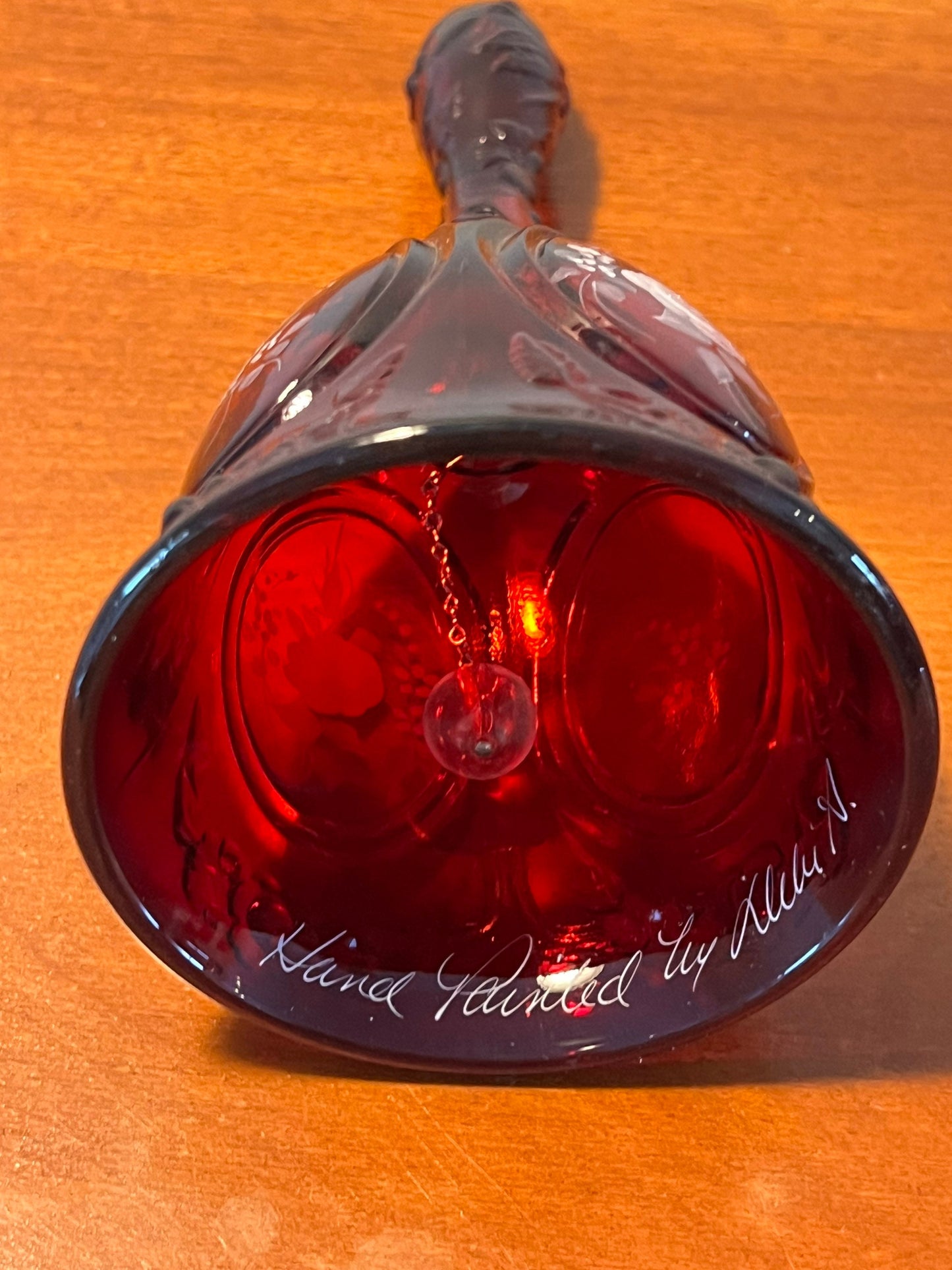 Vintage Fenton Red Amberina Bell Hand Painted and Signed by Dilu A. Art Glass Bells