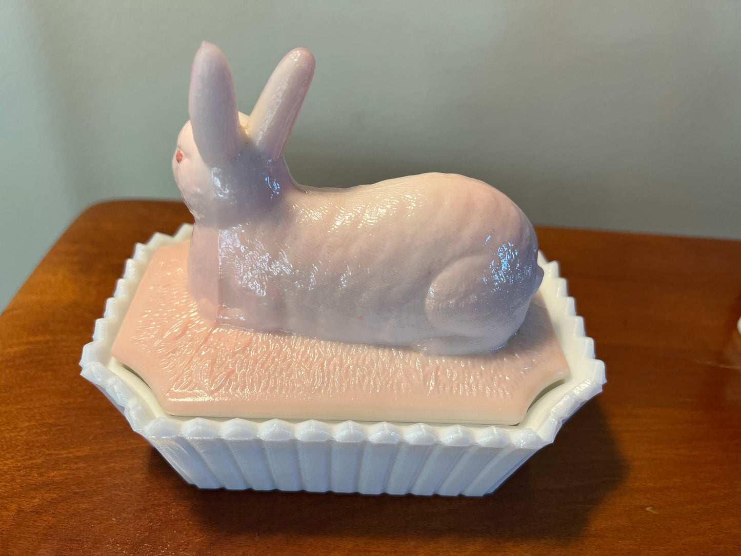 Vintage Westmoreland Hand Painted Pink Over White Milk Glass Nesting Bunny 2 Piece Trinket Box Dish Glass Art Lover Antiques and Vintage