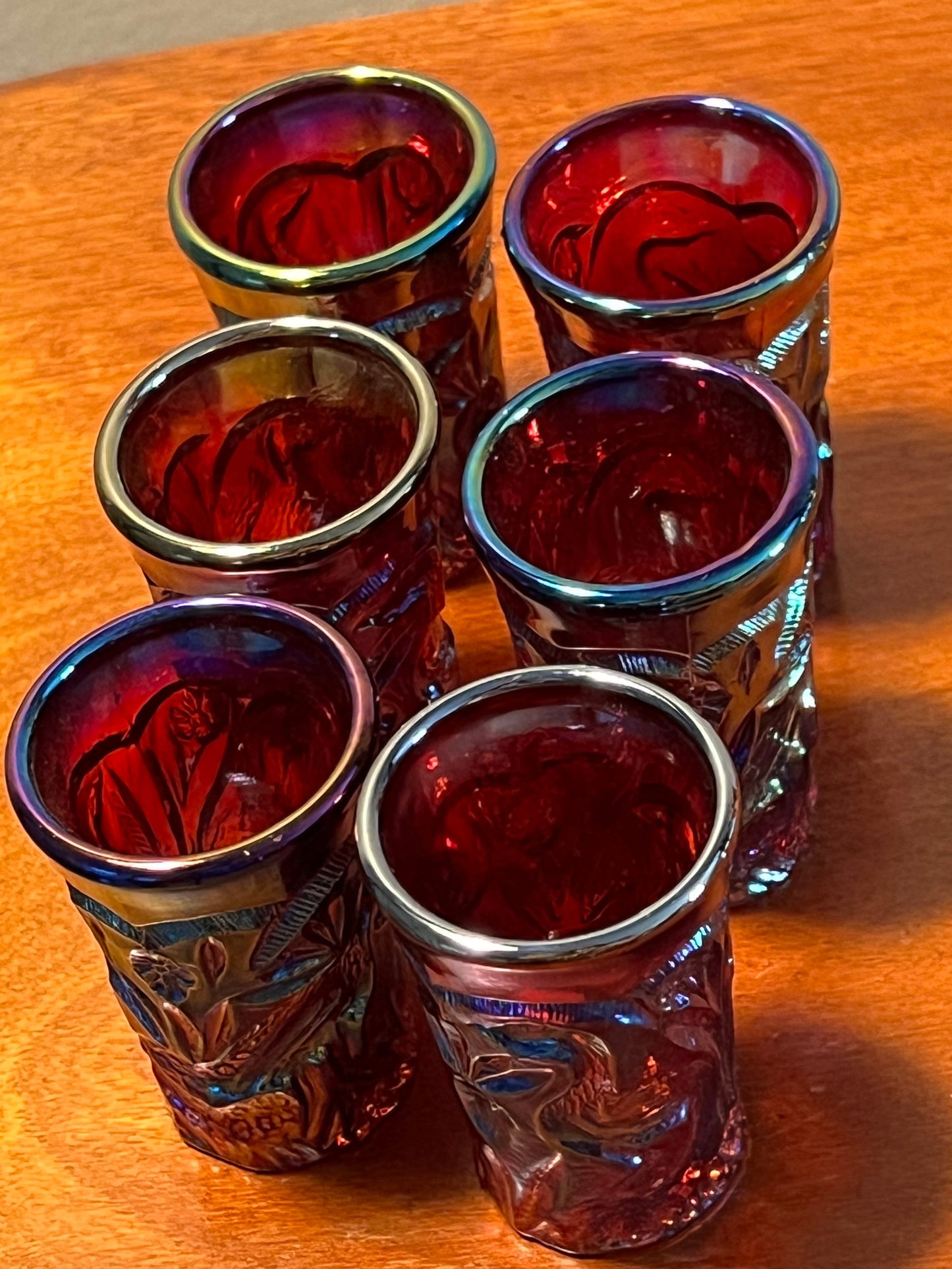 Vintage Carnival Iridescent Glass Swung Vase with Matching Shot Glasses Set Lover Antiques and Vintage