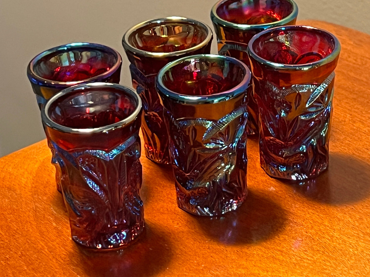 Vintage Carnival Iridescent Glass Swung Vase with Matching Shot Glasses Set Lover Antiques and Vintage