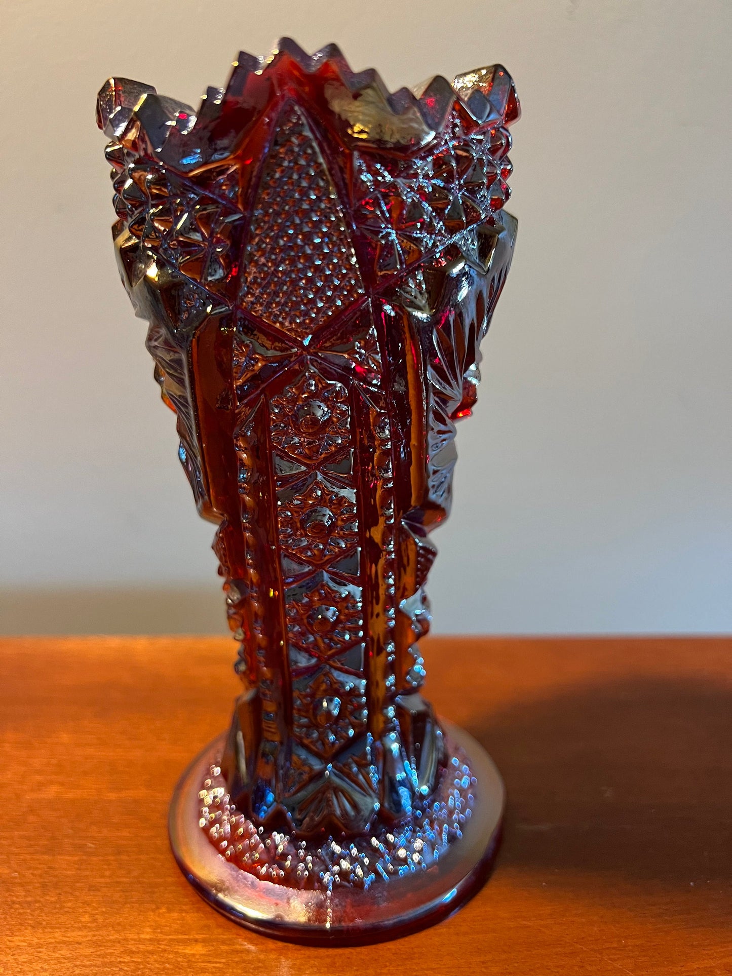 Vintage Carnival Iridescent Glass Swung Vase with Matching Shot Glasses Set Lover Antiques and Vintage
