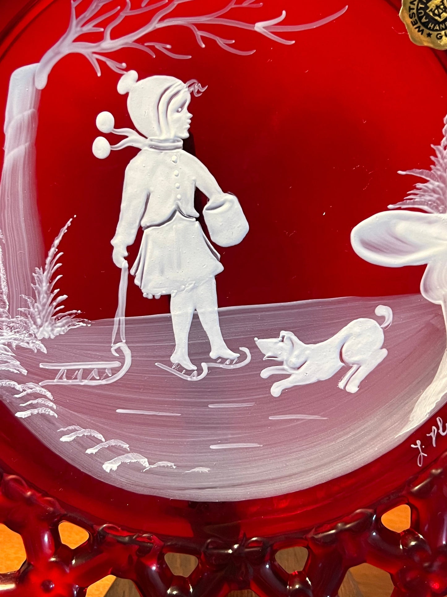 Vintage Westmoreland Ruby Red Collectible Signed Plate 1981 Girl Ice Skating Pulling a Sled with Dog Mary Gregory Lover Antiques and Vintage