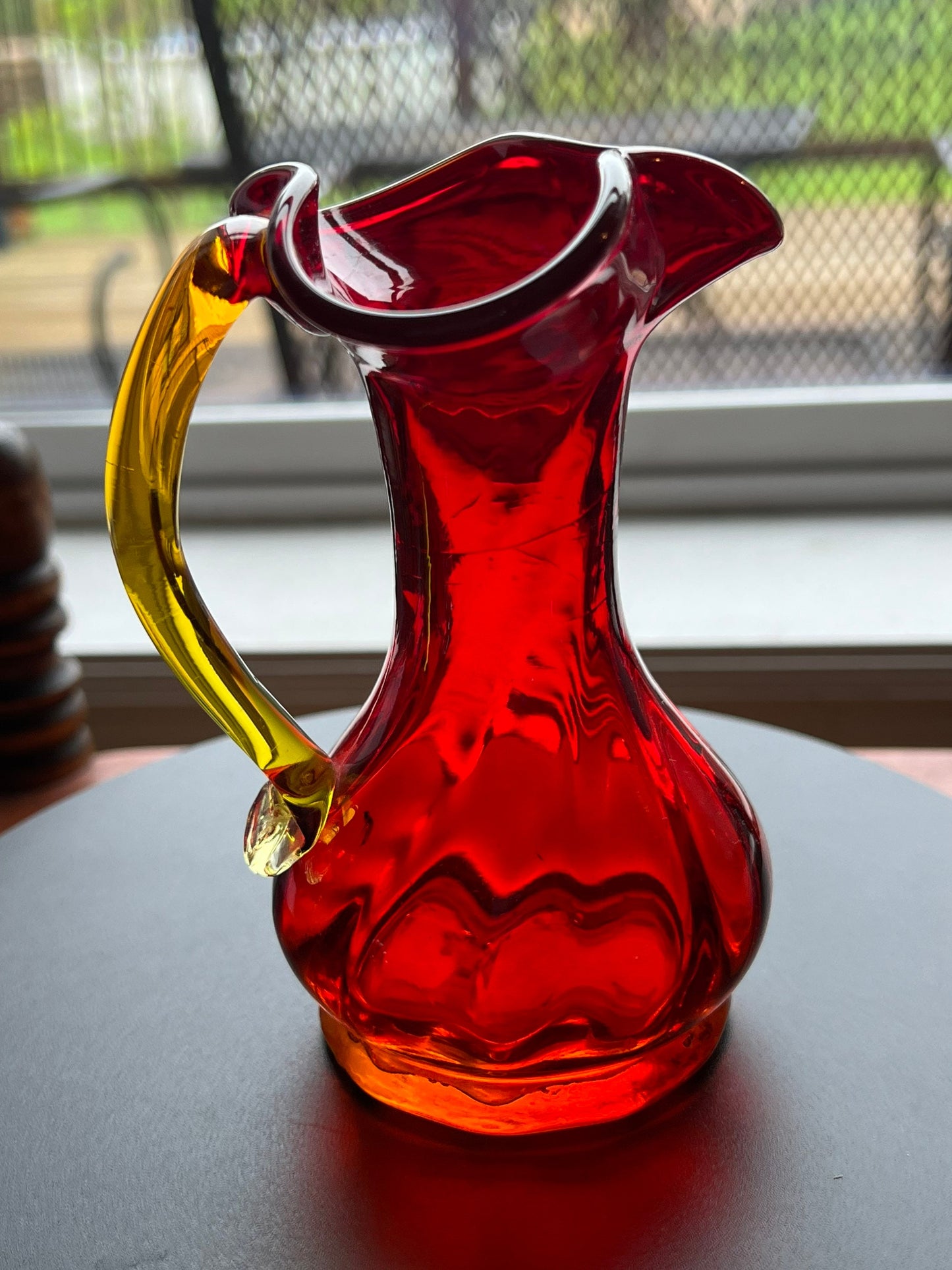 Vintage Kanawha Amberina 5” Glass Pitcher Bud Vase Applied Handle Red Yellow Lover Antiques and Vintage