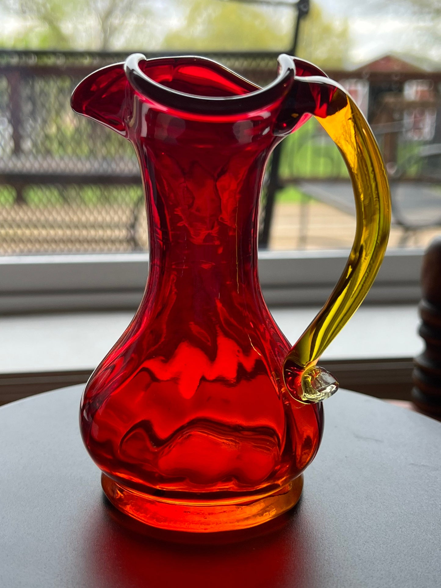 Vintage Kanawha Amberina 5” Glass Pitcher Bud Vase Applied Handle Red Yellow Lover Antiques and Vintage