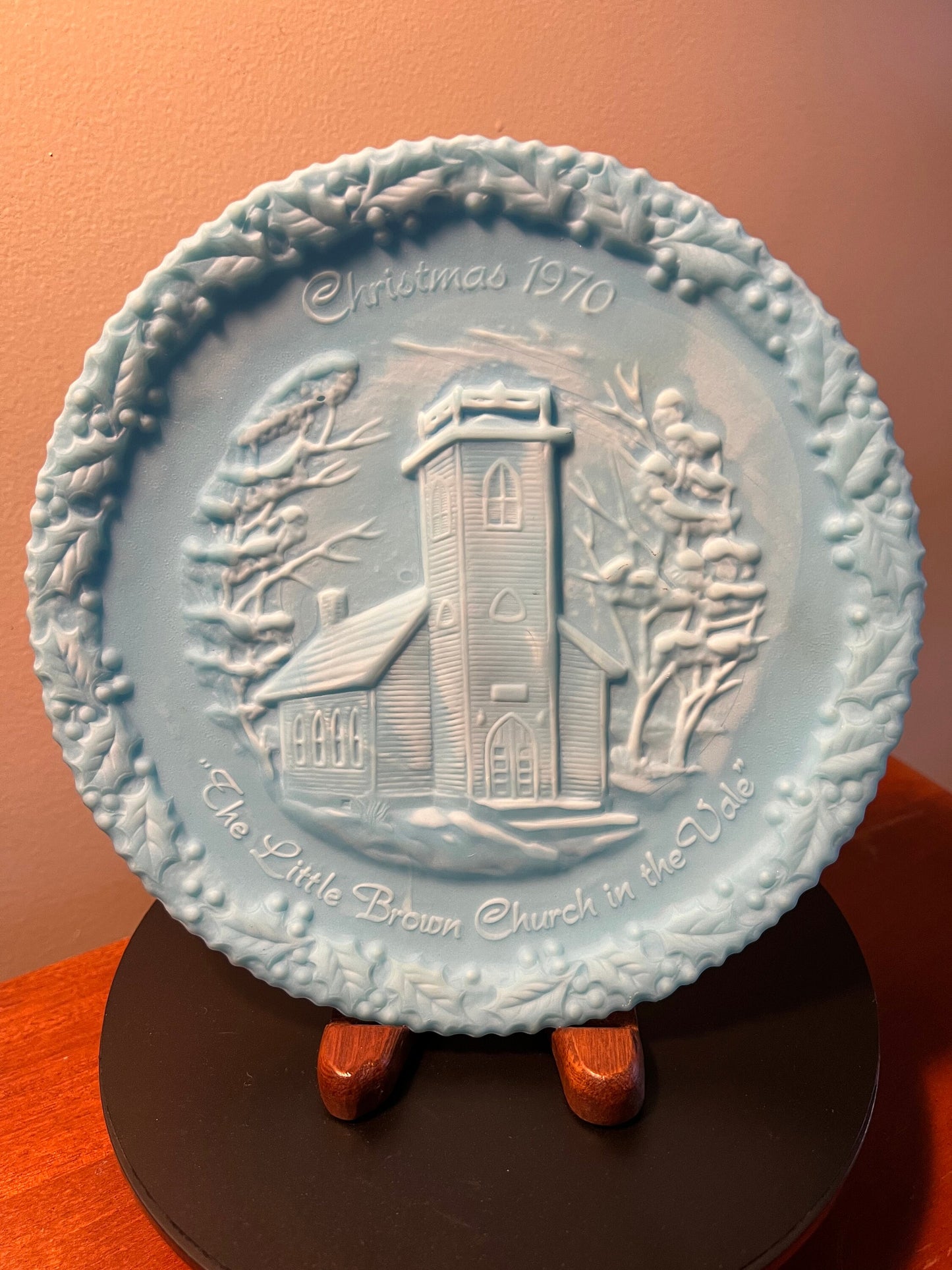 Vintage Fenton Blue Satin Christmas in America No. 1 The Little Brown Church in the Vale Handmade Heavy Pressed Glass Plate Christmas 1970