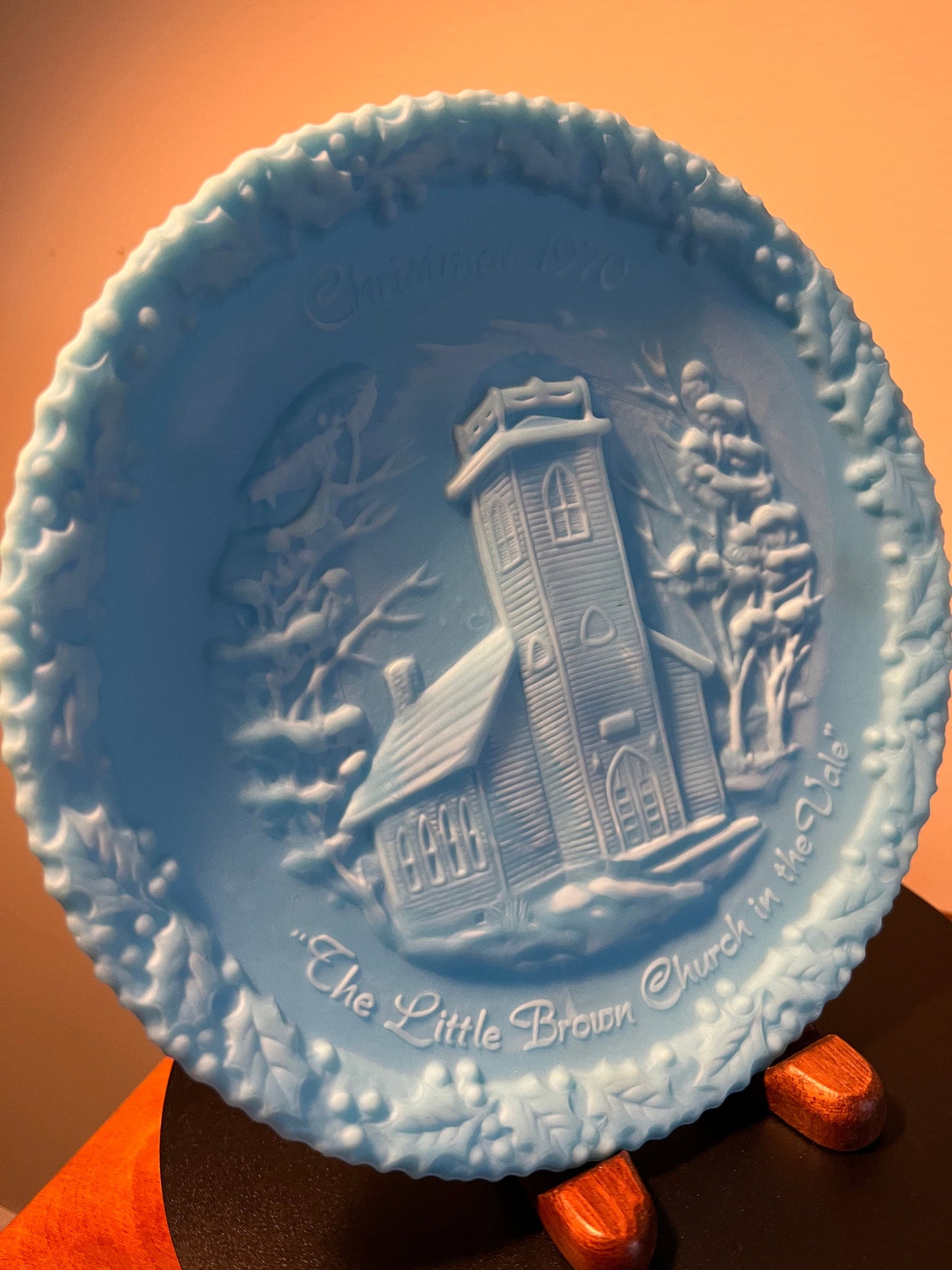 Vintage Fenton Blue Satin Christmas in America No. 1 The Little Brown Church in the Vale Handmade Heavy Pressed Glass Plate Christmas 1970