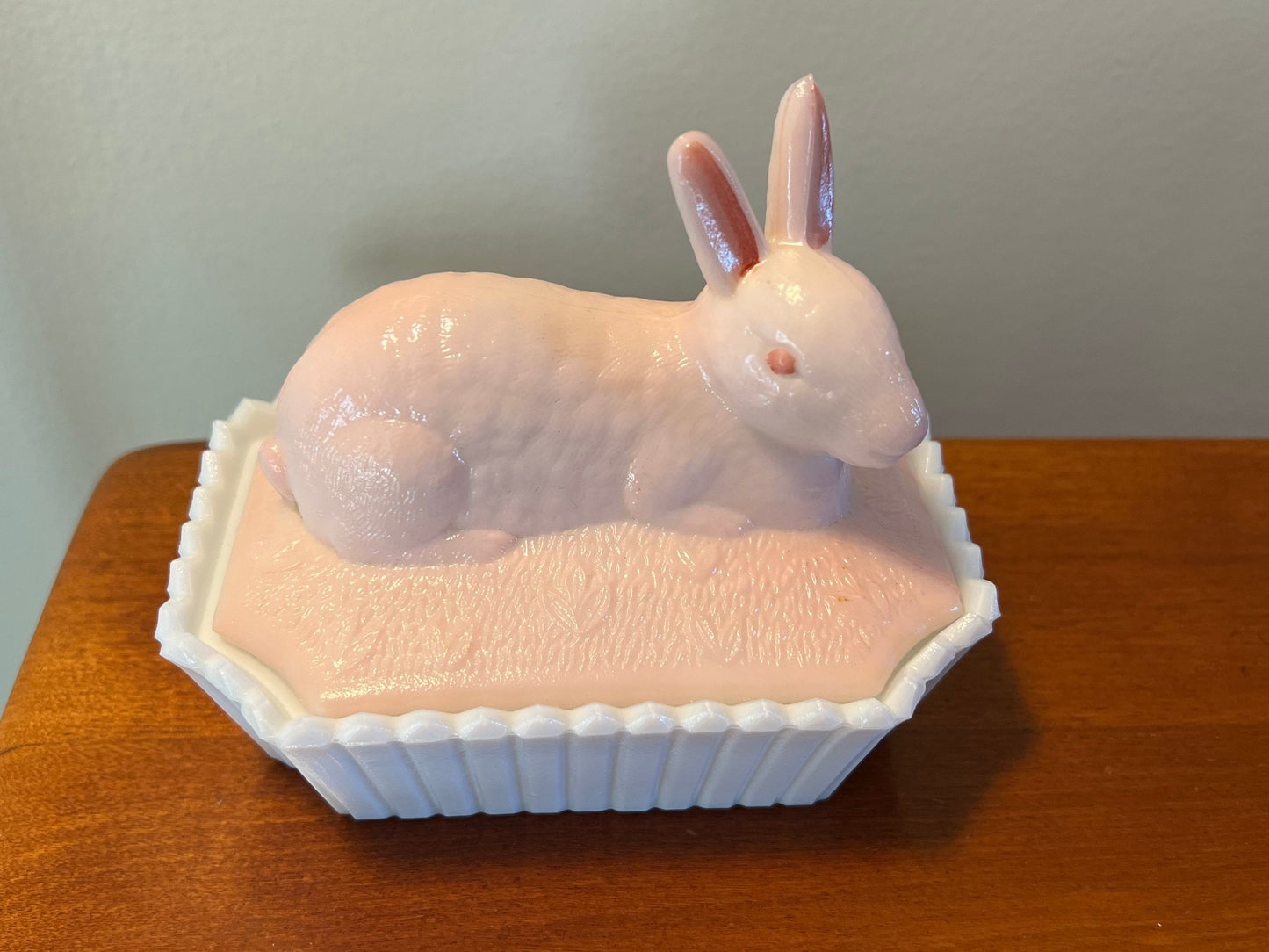 Vintage Westmoreland Hand Painted Pink Over White Milk Glass Nesting Bunny 2 Piece Trinket Box Dish Glass Art Lover Antiques and Vintage
