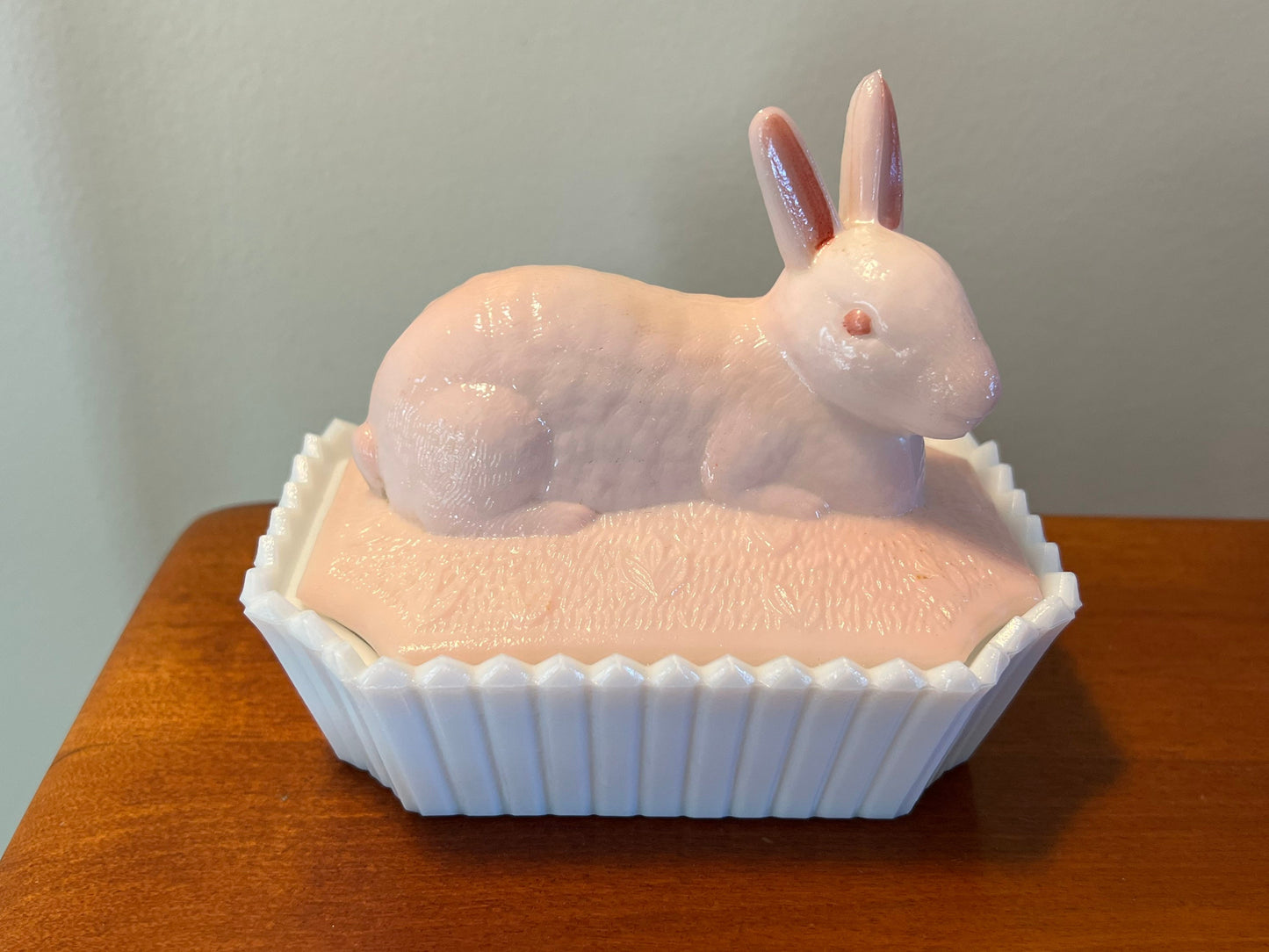 Vintage Westmoreland Hand Painted Pink Over White Milk Glass Nesting Bunny 2 Piece Trinket Box Dish Glass Art Lover Antiques and Vintage