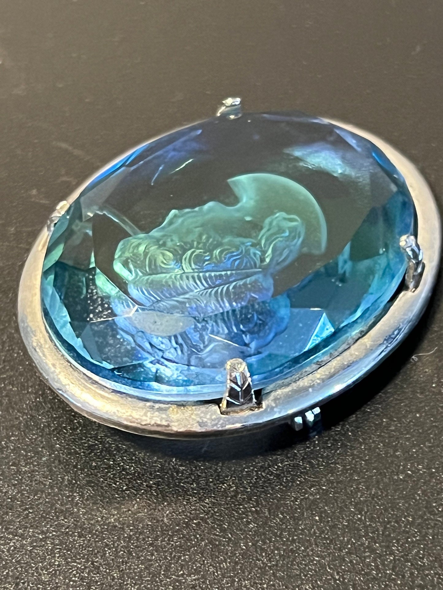 Vintage Cobalt Blue Cameo signed by Warner Reverse Carved Blue Green Woman Image Jewelry Mid Century Modern Lover Antiques and Vintage