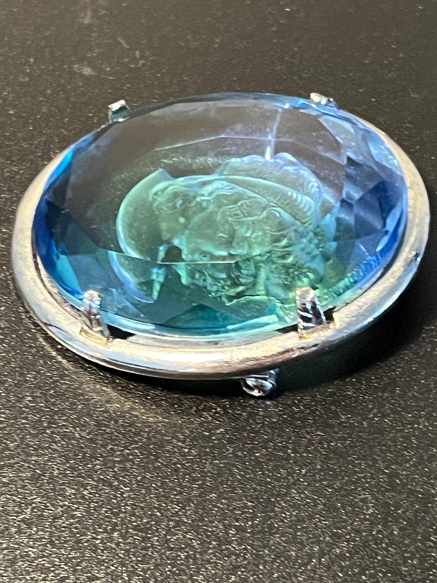 Vintage Cobalt Blue Cameo signed by Warner Reverse Carved Blue Green Woman Image Jewelry Mid Century Modern Lover Antiques and Vintage