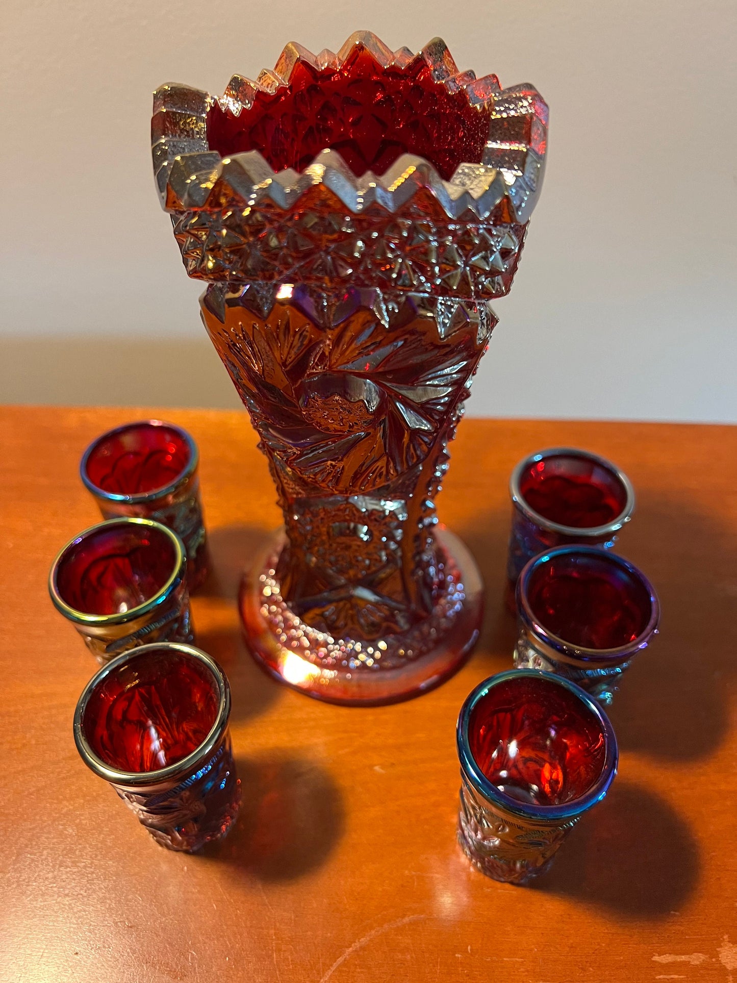 Vintage Carnival Iridescent Glass Swung Vase with Matching Shot Glasses Set Lover Antiques and Vintage