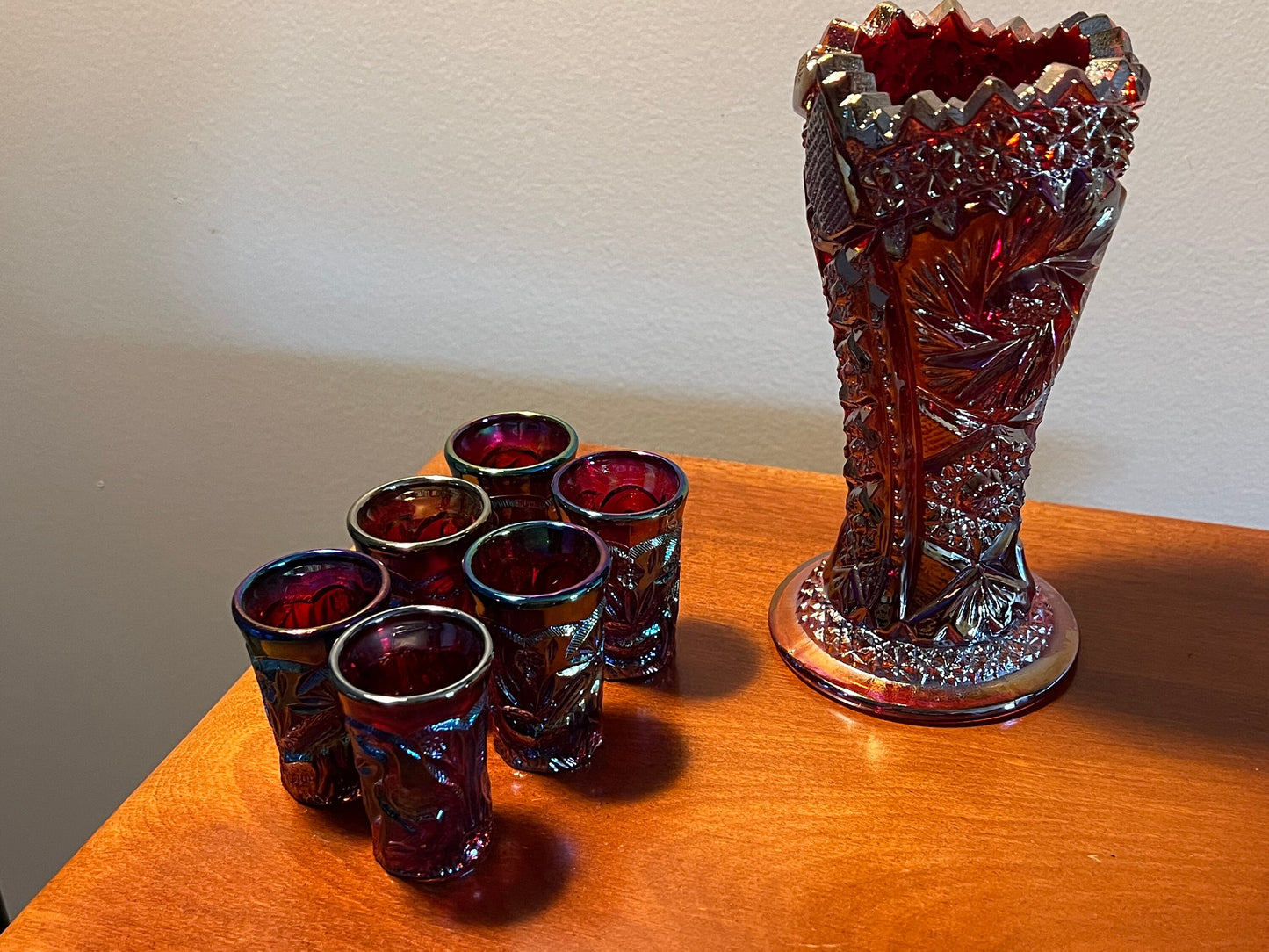 Vintage Carnival Iridescent Glass Swung Vase with Matching Shot Glasses Set Lover Antiques and Vintage