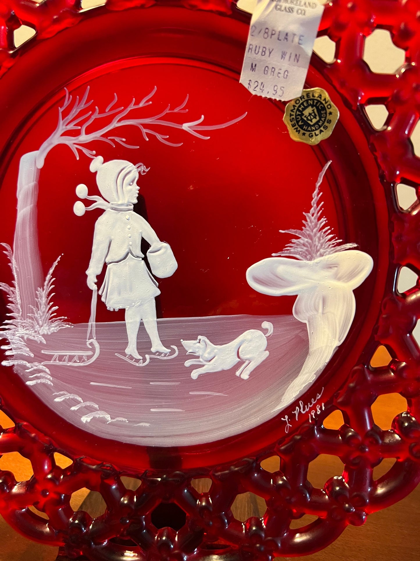 Vintage Westmoreland Ruby Red Collectible Signed Plate 1981 Girl Ice Skating Pulling a Sled with Dog Mary Gregory Lover Antiques and Vintage