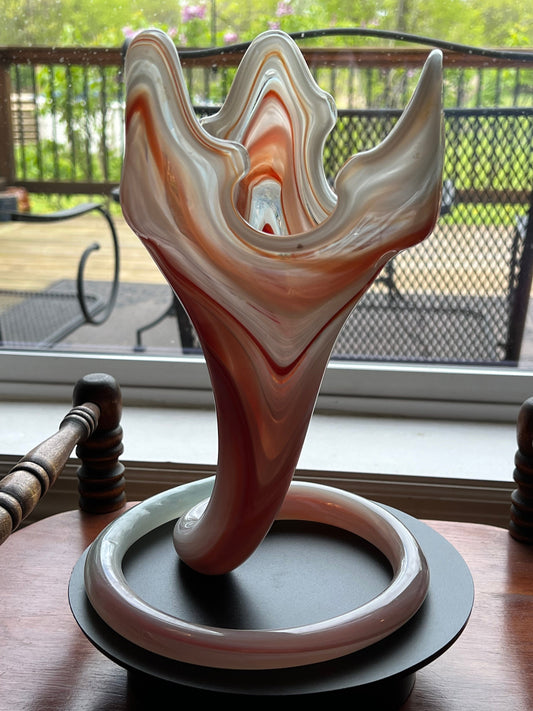 Vintage Murano Tulip Style Cornucopia Hand Blown Vase Orange White Flower Mid Century Modern Tall Lover Antiques and Vintage