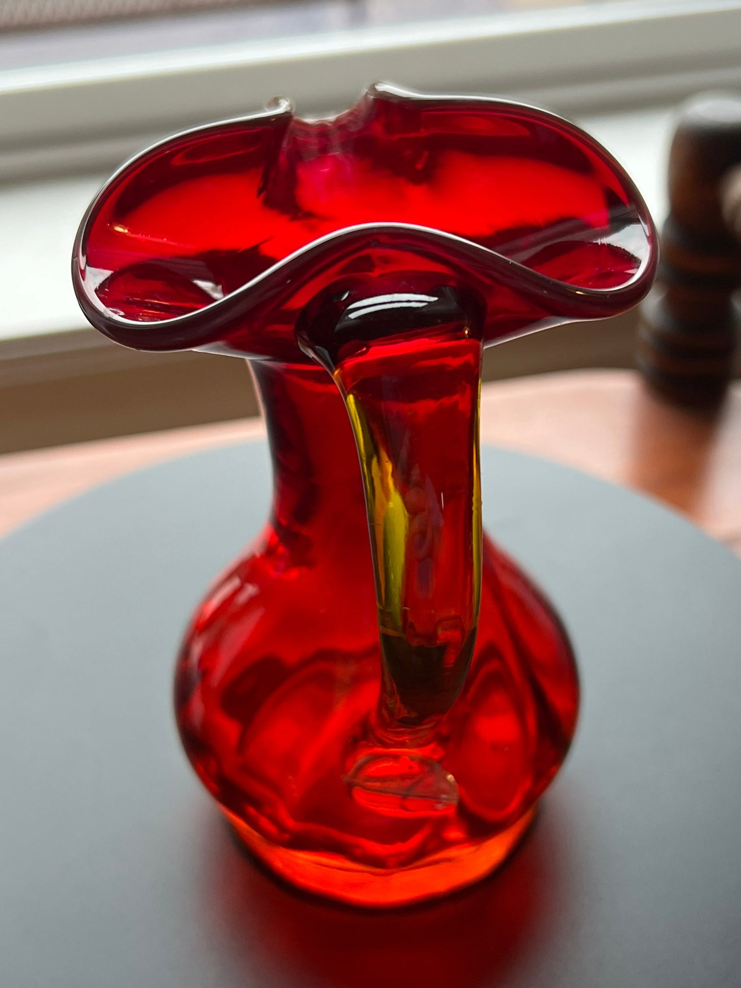 Vintage Kanawha Amberina 5” Glass Pitcher Bud Vase Applied Handle Red Yellow Lover Antiques and Vintage