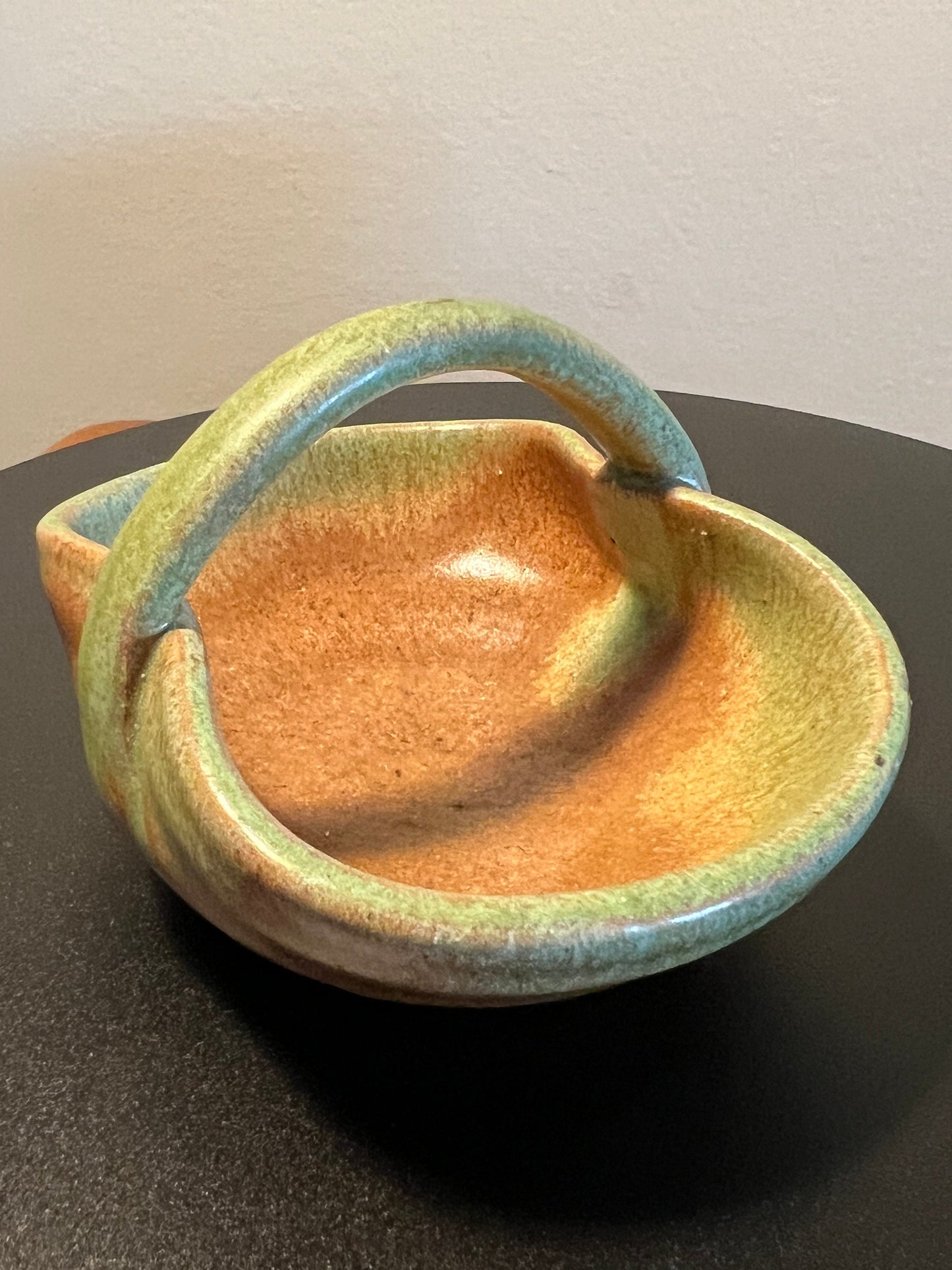 Vintage Pottery Basket with Handle Folk Art Toothpick Holder, Key Holder, Small Container, Lover Antiques and Vintage