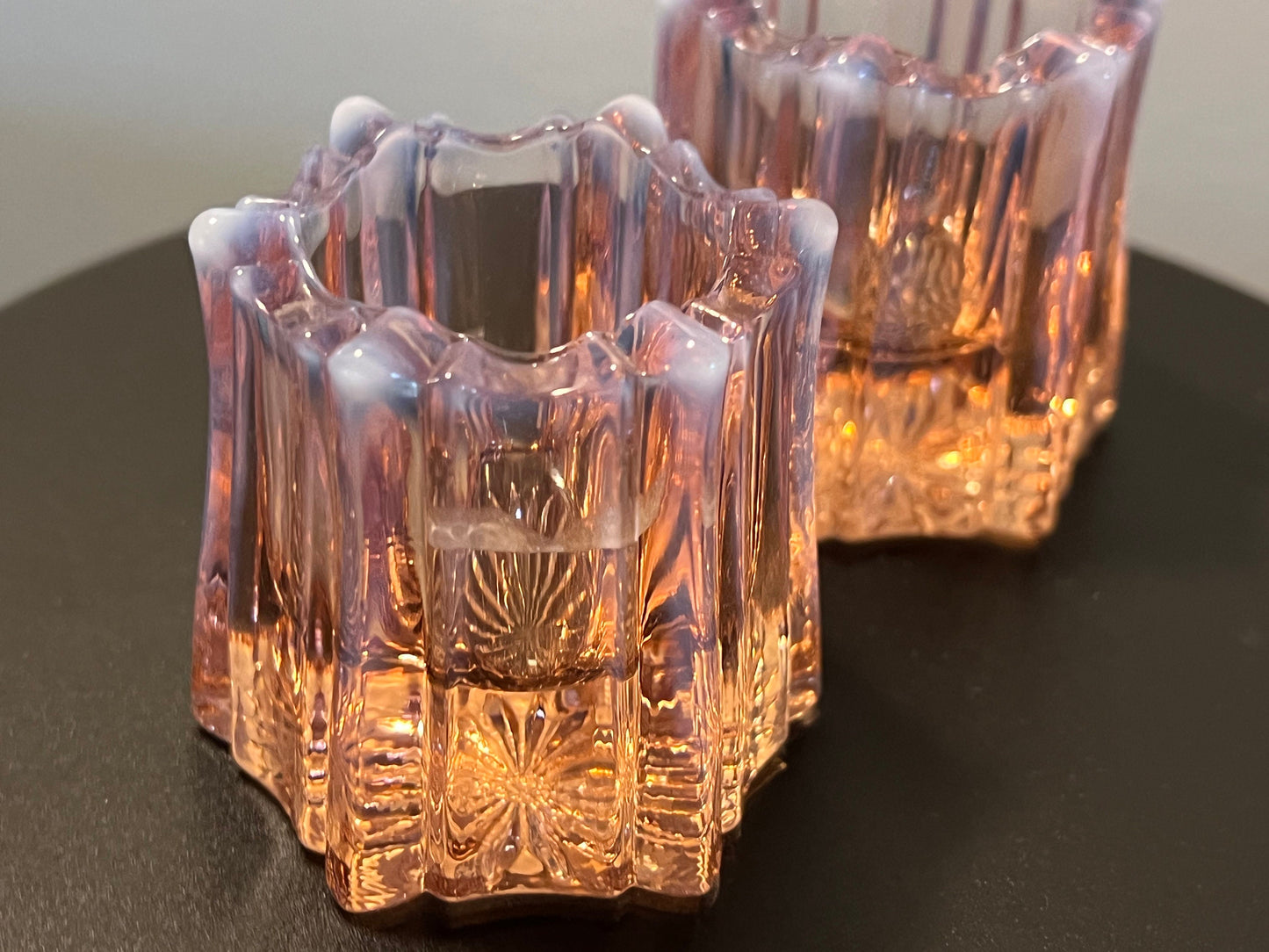 Vintage Fenton Vulcan Pink Cranberry Opalescent Pair of Votive Candle Holder Vases Toothpick Small Container Glass Art Lover Antiques